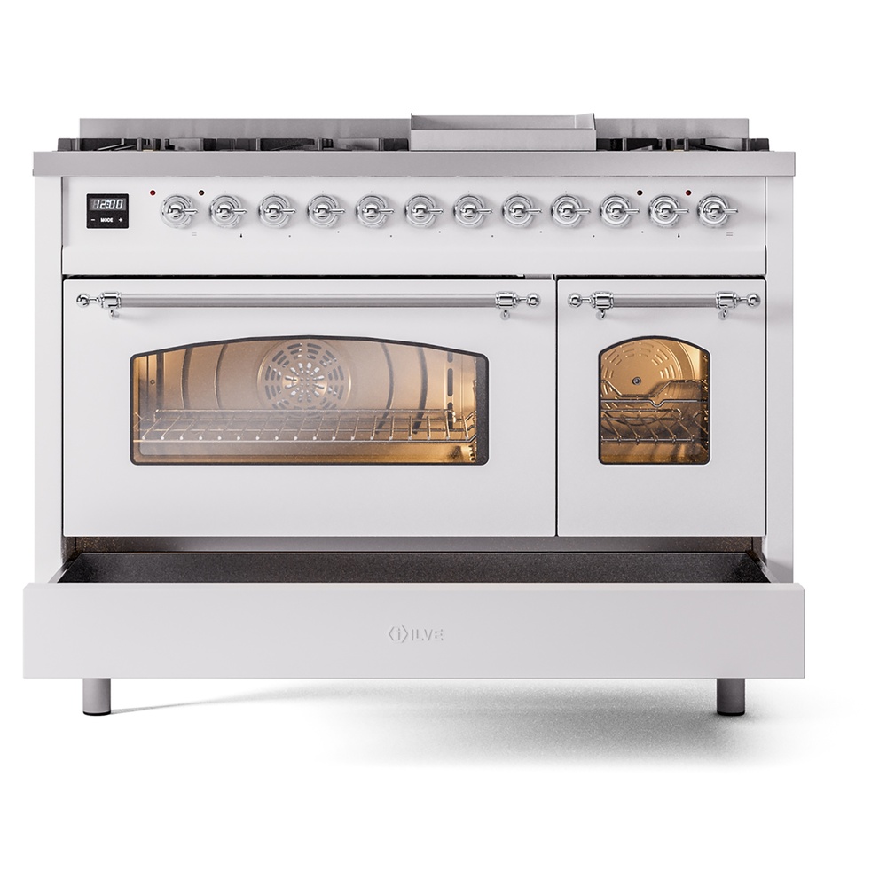 ILVE_UP48FNMPWHCLP_Nostalgie_II_48"_Dual_Fuel_Range_drawer_opened