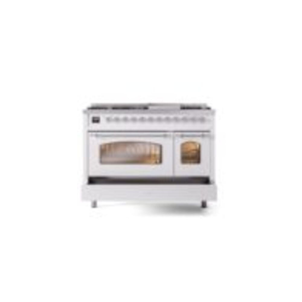 ILVE_UP48FNMPWHCLP_Nostalgie_II_48"_Dual_Fuel_Range_drawer_opened
