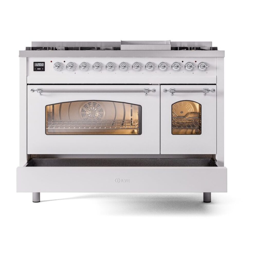 ILVE_UP48FNMPWHCLP_Nostalgie_II_48"_Dual_Fuel_Range_drawer_opened