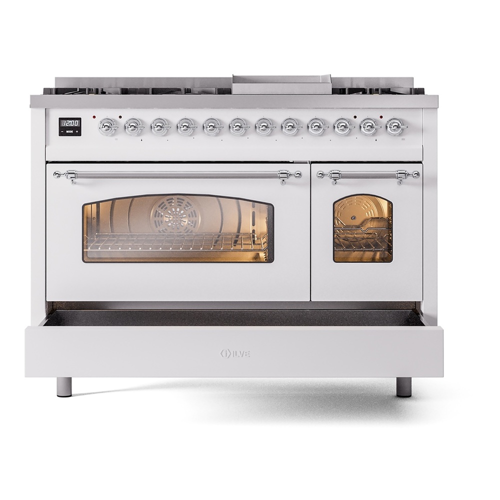ILVE UP48FNMPWHCLP Nostalgie II 48 inch Dual Fuel Range with 5.02 cu. ft. Total Double Oven Capacity (8 Sealed Burners + Griddle, Liquid Propane, Triple Glass Door, White, Chrome) 8 ILVE_UP48FNMPWHCLP_Nostalgie_II_48"_Dual_Fuel_Range_drawer_opened