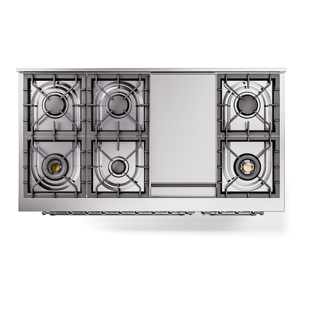 ILVE UP48FNMPWHCLP Nostalgie II 48 inch Dual Fuel Range with 5.02 cu. ft. Total Double Oven Capacity (8 Sealed Burners + Griddle, Liquid Propane, Triple Glass Door, White, Chrome) 10 ILVE_UP48FNMPWHCLP_Nostalgie_II_48"_Dual_Fuel_Range_top_view