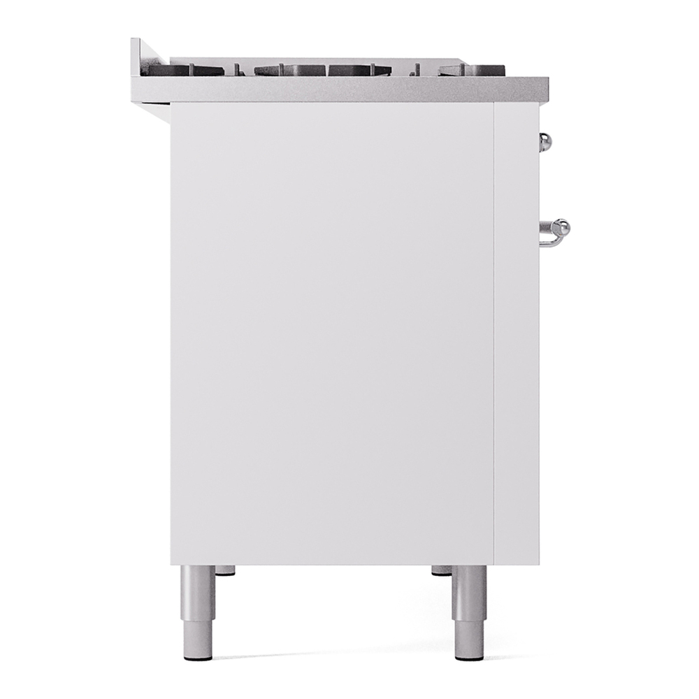 ILVE UP48FNMPWHCLP Nostalgie II 48 inch Dual Fuel Range with 5.02 cu. ft. Total Double Oven Capacity (8 Sealed Burners + Griddle, Liquid Propane, Triple Glass Door, White, Chrome) 11 ILVE_UP48FNMPWHCLP_Nostalgie_II_48"_Dual_Fuel_Range_left_side