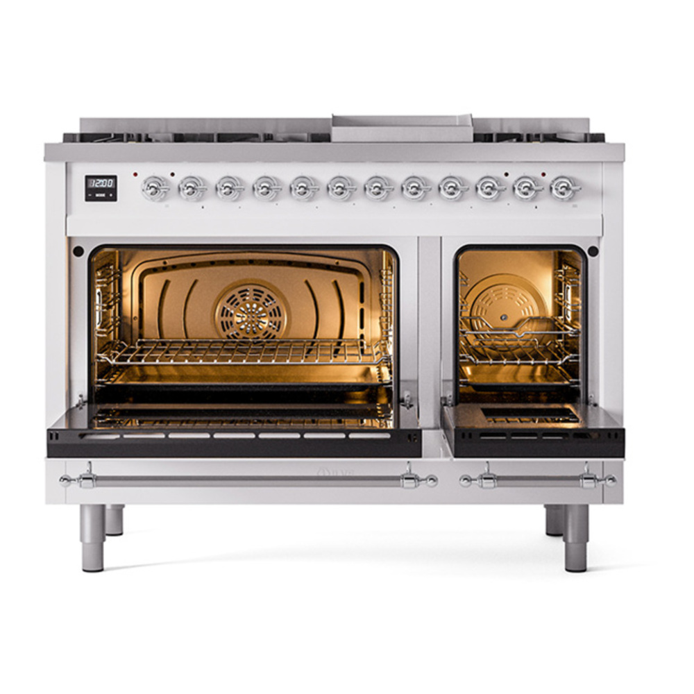 ILVE UP48FNMPWHC Nostalgie II 48 inch Dual Fuel Range with 5.02 cu. ft. Total Double Oven Capacity (8 Sealed Burners + Griddle, Natural Gas, Triple Glass Door, White, Chrome) 5 ILVE_UP48FNMPWHC_Nostalgie_II_48"_Dual_Fuel_Range_oven_door_opened