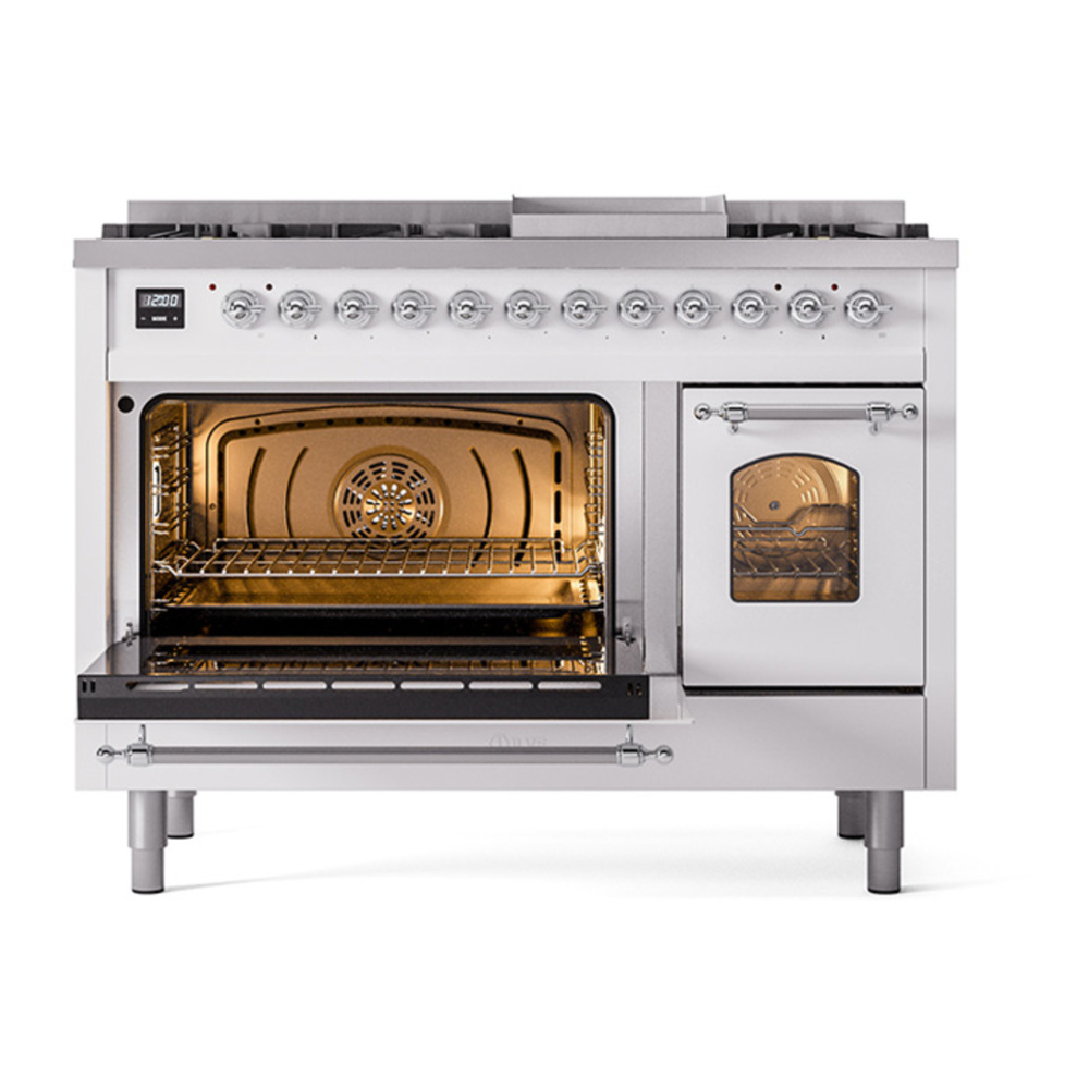 ILVE UP48FNMPWHC Nostalgie II 48 inch Dual Fuel Range with 5.02 cu. ft. Total Double Oven Capacity (8 Sealed Burners + Griddle, Natural Gas, Triple Glass Door, White, Chrome) 6 ILVE_UP48FNMPWHC_Nostalgie_II_48"_Dual_Fuel_Range_main_oven_door_opened