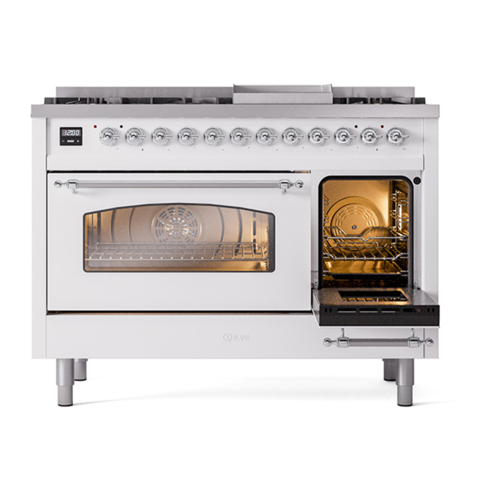 ILVE UP48FNMPWHC Nostalgie II 48 inch Dual Fuel Range with 5.02 cu. ft. Total Double Oven Capacity (8 Sealed Burners + Griddle, Natural Gas, Triple Glass Door, White, Chrome) 7 ILVE_UP48FNMPWHC_Nostalgie_II_48"_Dual_Fuel_Range_side_oven_door_opened
