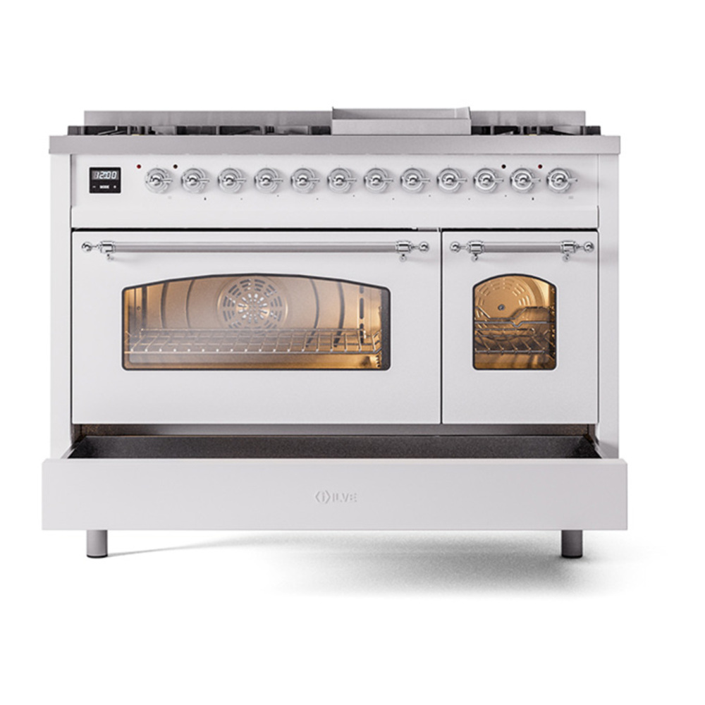ILVE UP48FNMPWHC Nostalgie II 48 inch Dual Fuel Range with 5.02 cu. ft. Total Double Oven Capacity (8 Sealed Burners + Griddle, Natural Gas, Triple Glass Door, White, Chrome) 8 ILVE_UP48FNMPWHC_Nostalgie_II_48"_Dual_Fuel_Range_drawer_opened