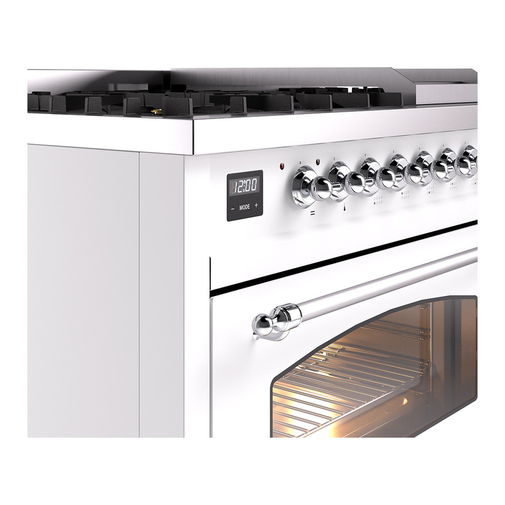ILVE UP48FNMPWHC Nostalgie II 48 inch Dual Fuel Range with 5.02 cu. ft. Total Double Oven Capacity (8 Sealed Burners + Griddle, Natural Gas, Triple Glass Door, White, Chrome) 9 ILVE_UP48FNMPWHC_Nostalgie_II_48"_Dual_Fuel_Range_details