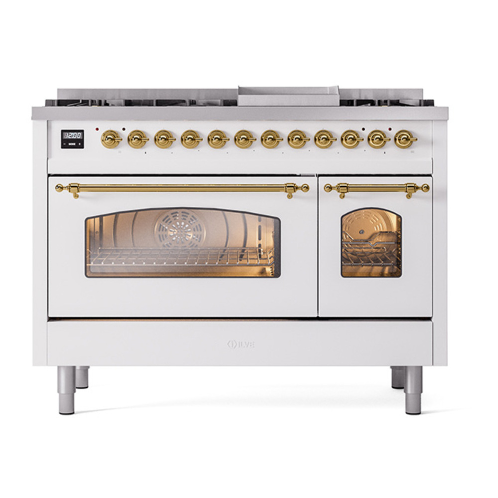 ILVE UP48FNMPWHGLP Nostalgie II 48 inch Dual Fuel Range with 5.02 cu. ft. Total Double Oven Capacity (8 Sealed Burners + Griddle, Liquid Propane, Triple Glass Door, White, Brass) 14 ILVE_UP48FNMPWHGLP_Nostalgie_II_48"_Dual_Fuel_Range_front_view