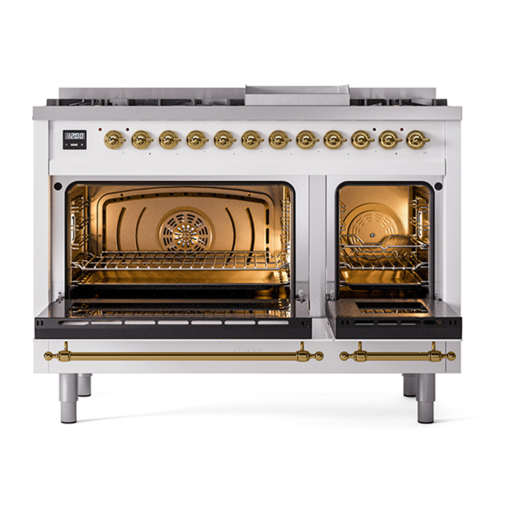 ILVE UP48FNMPWHGLP Nostalgie II 48 inch Dual Fuel Range with 5.02 cu. ft. Total Double Oven Capacity (8 Sealed Burners + Griddle, Liquid Propane, Triple Glass Door, White, Brass) 15 ILVE_UP48FNMPWHGLP_Nostalgie_II_48"_Dual_Fuel_Range_oven_door_opened
