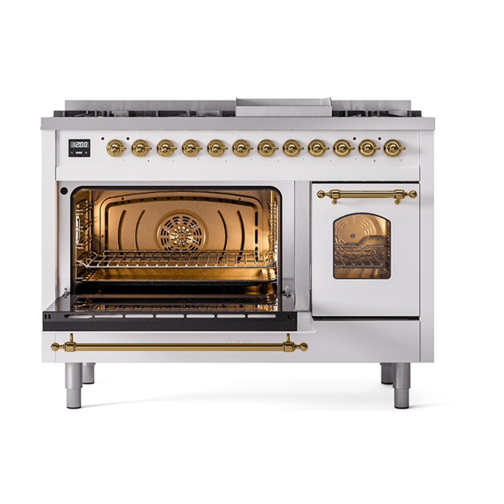ILVE_UP48FNMPWHGLP_Nostalgie_II_48"_Dual_Fuel_Range_main_oven_door_opened