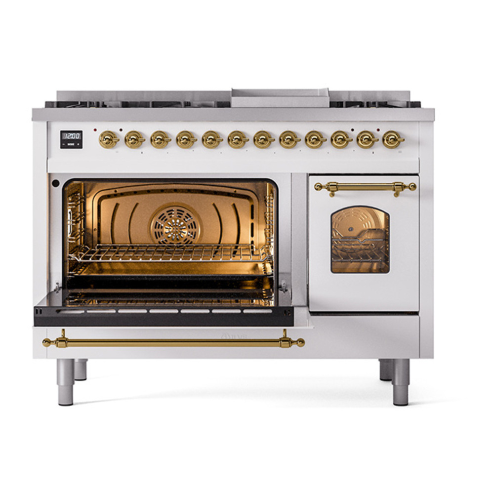 ILVE UP48FNMPWHGLP Nostalgie II 48 inch Dual Fuel Range with 5.02 cu. ft. Total Double Oven Capacity (8 Sealed Burners + Griddle, Liquid Propane, Triple Glass Door, White, Brass) 16 ILVE_UP48FNMPWHGLP_Nostalgie_II_48"_Dual_Fuel_Range_main_oven_door_opened