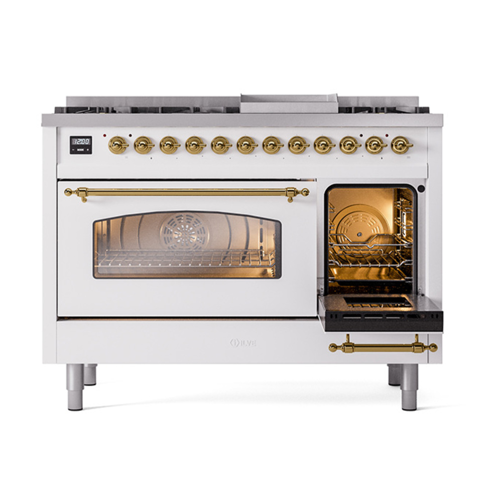 ILVE_UP48FNMPWHGLP_Nostalgie_II_48"_Dual_Fuel_Range_side_oven_door_opened