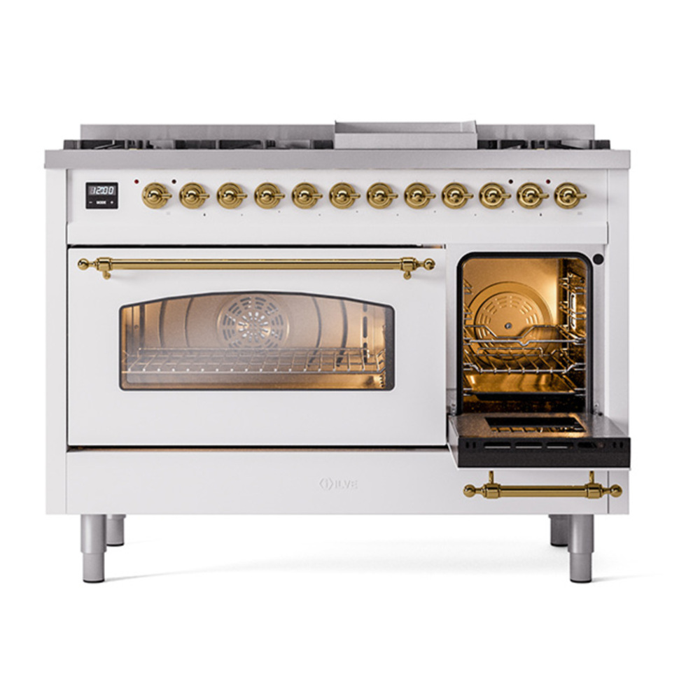 ILVE UP48FNMPWHGLP Nostalgie II 48 inch Dual Fuel Range with 5.02 cu. ft. Total Double Oven Capacity (8 Sealed Burners + Griddle, Liquid Propane, Triple Glass Door, White, Brass) 17 ILVE_UP48FNMPWHGLP_Nostalgie_II_48"_Dual_Fuel_Range_side_oven_door_opened