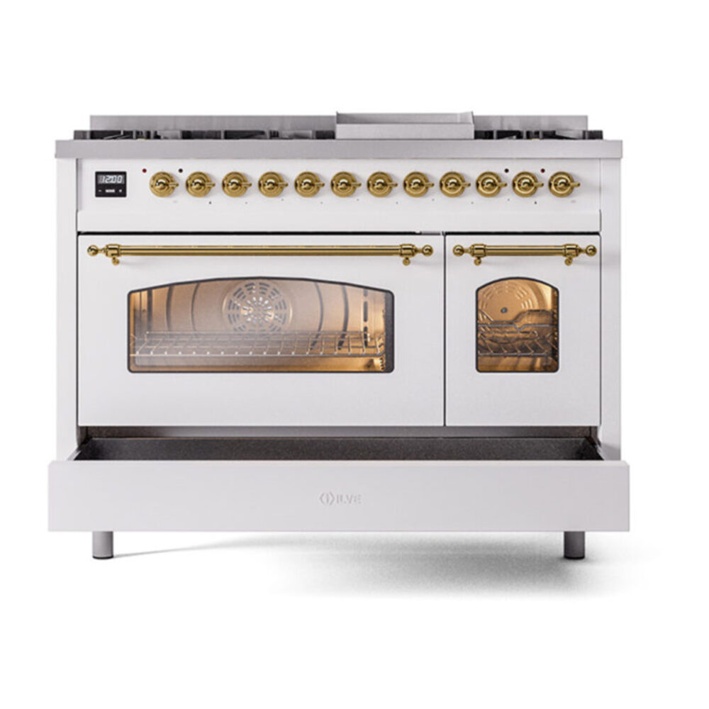 ILVE_UP48FNMPWHGLP_Nostalgie_II_48"_Dual_Fuel_Range_drawer_opened