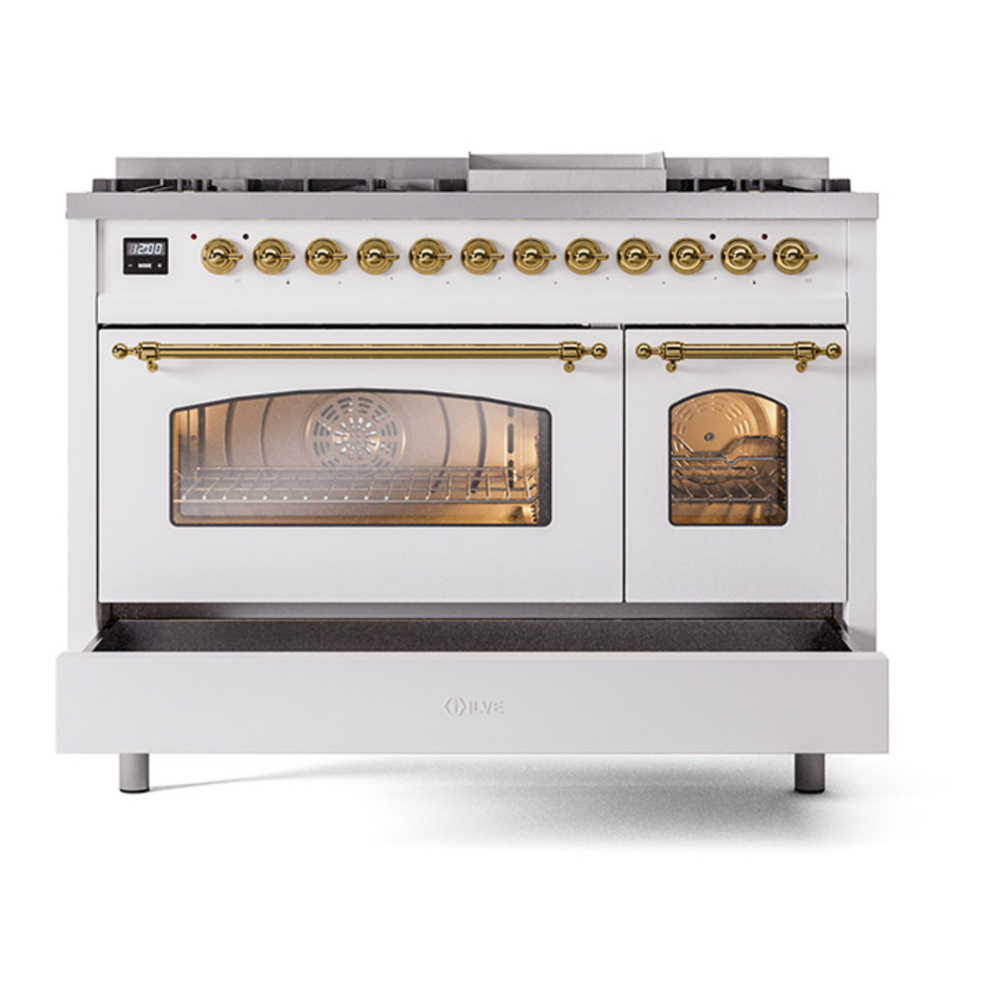 ILVE UP48FNMPWHGLP Nostalgie II 48 inch Dual Fuel Range with 5.02 cu. ft. Total Double Oven Capacity (8 Sealed Burners + Griddle, Liquid Propane, Triple Glass Door, White, Brass) 18 ILVE_UP48FNMPWHGLP_Nostalgie_II_48"_Dual_Fuel_Range_drawer_opened