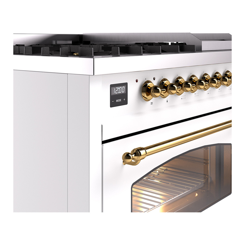 ILVE UP48FNMPWHGLP Nostalgie II 48 inch Dual Fuel Range with 5.02 cu. ft. Total Double Oven Capacity (8 Sealed Burners + Griddle, Liquid Propane, Triple Glass Door, White, Brass) 19 ILVE_UP48FNMPWHGLP_Nostalgie_II_48"_Dual_Fuel_Range_details