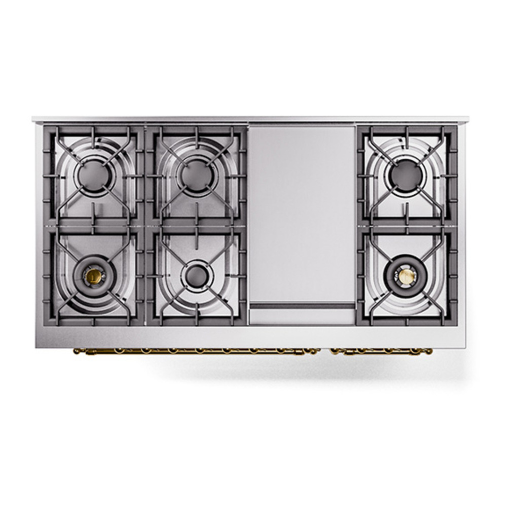 ILVE UP48FNMPWHGLP Nostalgie II 48 inch Dual Fuel Range with 5.02 cu. ft. Total Double Oven Capacity (8 Sealed Burners + Griddle, Liquid Propane, Triple Glass Door, White, Brass) 20 ILVE_UP48FNMPWHGLP_Nostalgie_II_48"_Dual_Fuel_Range_top_view