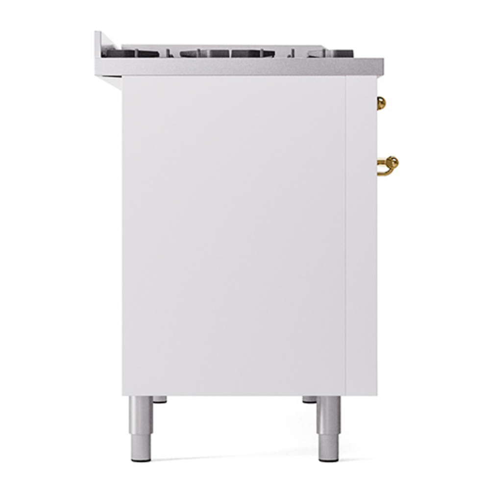 ILVE UP48FNMPWHGLP Nostalgie II 48 inch Dual Fuel Range with 5.02 cu. ft. Total Double Oven Capacity (8 Sealed Burners + Griddle, Liquid Propane, Triple Glass Door, White, Brass) 21 ILVE_UP48FNMPWHGLP_Nostalgie_II_48"_Dual_Fuel_Range_left_side