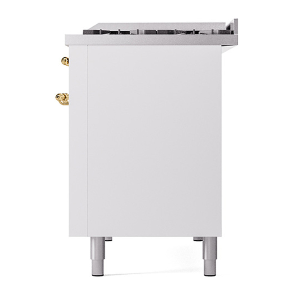 ILVE UP48FNMPWHGLP Nostalgie II 48 inch Dual Fuel Range with 5.02 cu. ft. Total Double Oven Capacity (8 Sealed Burners + Griddle, Liquid Propane, Triple Glass Door, White, Brass) 22 ILVE_UP48FNMPWHGLP_Nostalgie_II_48"_Dual_Fuel_Range_right_side