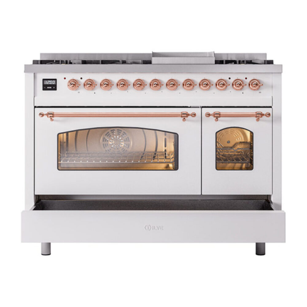ILVE_UP48FNMPWHPLP_Nostalgie_II_48"_Dual_Fuel_Range_drawer_opened