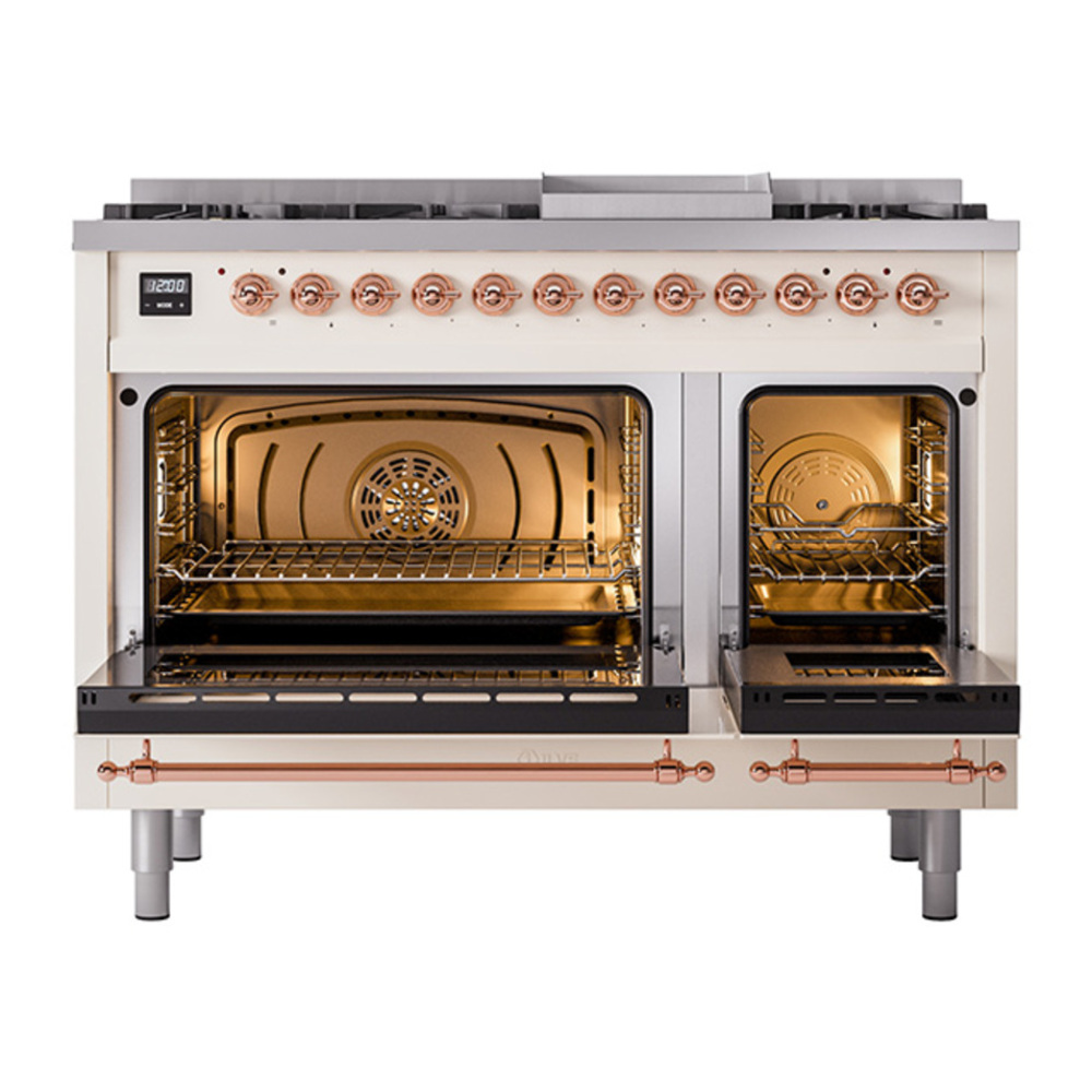 ILVE UP48FQNMPAWP Nostalgie II 48 inch Dual Fuel Range with 5.02 cu. ft. Total Double Oven Capacity (8 Sealed Burners + Griddle, Natural Gas, Solid Door, Antique White, Copper) 5 ILVE_UP48FQNMPAWP_Nostalgie_II_48"_Dual_Fuel_Range_oven_door_opened