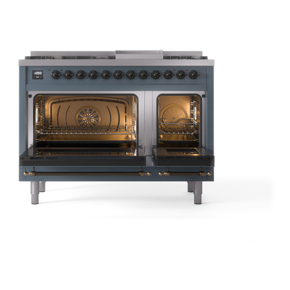 ILVE UP48FQNMPBGB Nostalgie II 48 inch Dual Fuel Range with 5.02 cu. ft. Total Double Oven Capacity (8 Sealed Burners + Griddle, Natural Gas, Solid Door, Blue Grey, Burnished) 5 ILVE_UP48FQNMPBGB_Nostalgie_II_48"_Dual_Fuel_Range_oven_door_opened