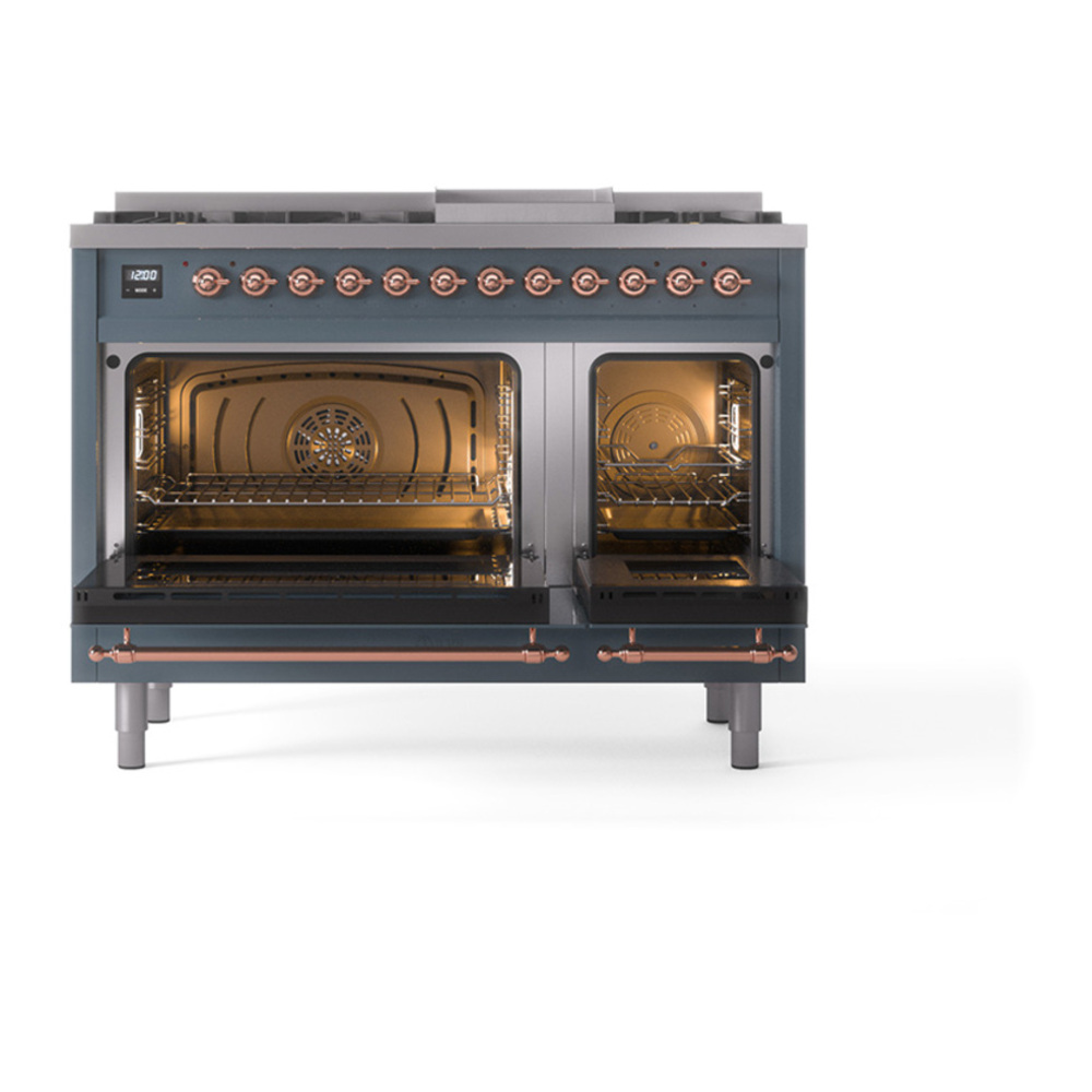 ILVE UP48FQNMPBGP Nostalgie II 48 inch Dual Fuel Range with 5.02 cu. ft. Total Double Oven Capacity (8 Sealed Burners + Griddle, Natural Gas, Solid Door, Blue Grey, Copper) 5 ILVE_UP48FQNMPBGP_Nostalgie_II_48"_Dual_Fuel_Range_oven_door_opened