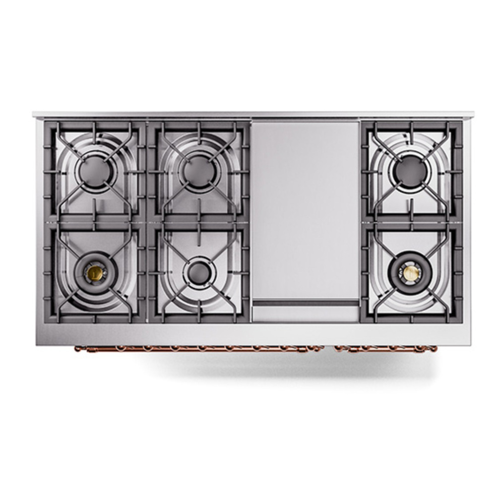 ILVE UP48FQNMPBGP Nostalgie II 48 inch Dual Fuel Range with 5.02 cu. ft. Total Double Oven Capacity (8 Sealed Burners + Griddle, Natural Gas, Solid Door, Blue Grey, Copper) 6 ILVE_UP48FQNMPBGP_Nostalgie_II_48"_Dual_Fuel_Range_top_view