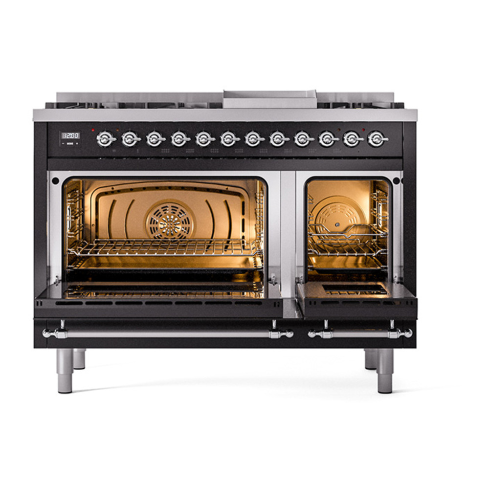 ILVE UP48FQNMPBKCLP Nostalgie II 48 inch Dual Fuel Range with 5.02 cu. ft. Total Double Oven Capacity (8 Sealed Burners + Griddle, Liquid Propane, Solid Door, Glossy Black, Chrome) 5 ILVE_UP48FQNMPBKCLP_Nostalgie_II_48"_Dual_Fuel_Range_oven_door_opened