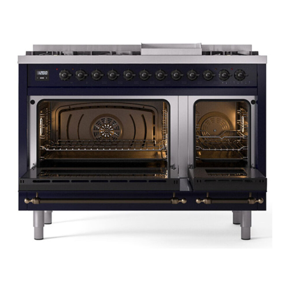 ILVE UP48FQNMPMBBLP Nostalgie II 48 inch Dual Fuel Range with 5.02 cu. ft. Total Double Oven Capacity (8 Sealed Burners + Griddle, Liquid Propane, Solid Door, Midnight Blue, Burnished) 5 ILVE UP48F Nostalgie II 48 inch Dual Fuel Range with 5.02 cu. ft. Total Double Oven Capacity