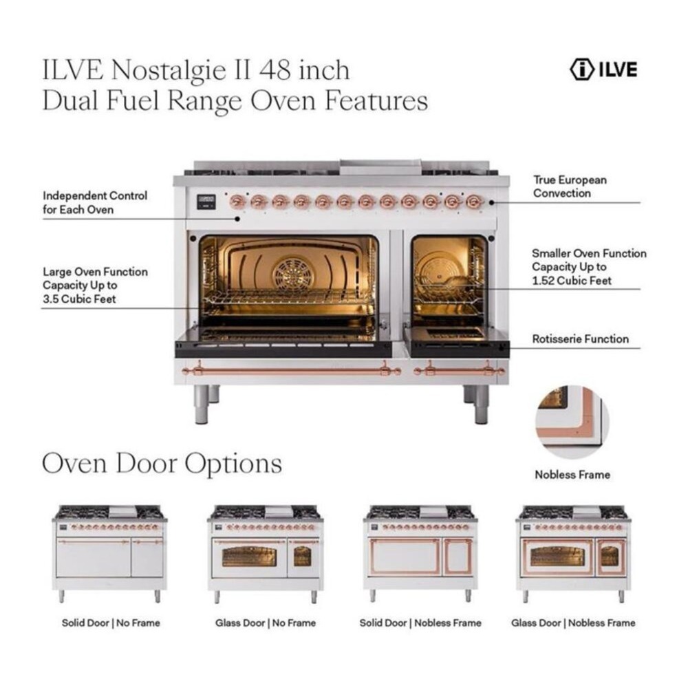 ILVE UP48FQNMPMMB Nostalgie II 48 inch Dual Fuel Range with 5.02 cu. ft. Total Double Oven Capacity (8 Sealed Burners + Griddle, Natural Gas, Solid Door, Mediterranean Mint, Burnished) 3 ILVE UP48F Nostalgie II 48 inch Dual Fuel Range with 5.02 cu. ft. Total Double Oven Capacity
