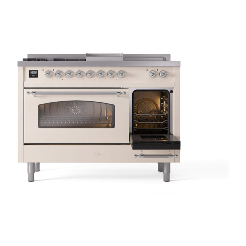ILVE_UP48FSNMPAWCLP_Nostalgie_II_48"_Dual_Fuel_Range_side_oven_door_opened