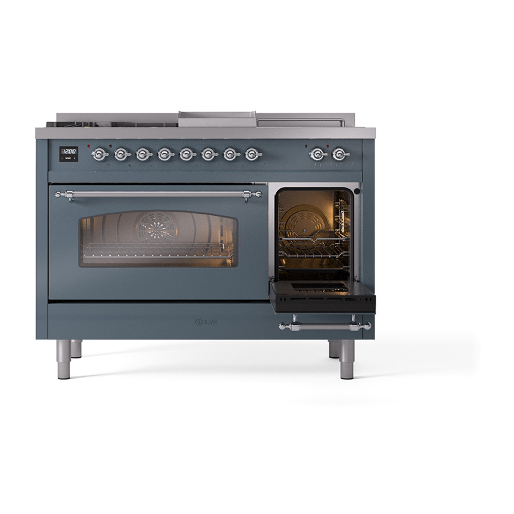 ILVE_UP48FSNMPBGCLP_Nostalgie_II_48"_Dual_Fuel_Range_side_oven_door_opened