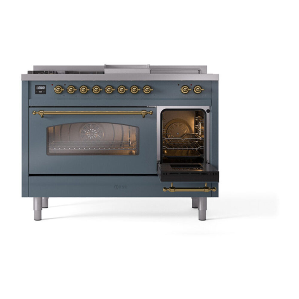 ILVE_UP48FSNMPBGGLP_Nostalgie_II_48"_Dual_Fuel_Range_side_oven_door_opened