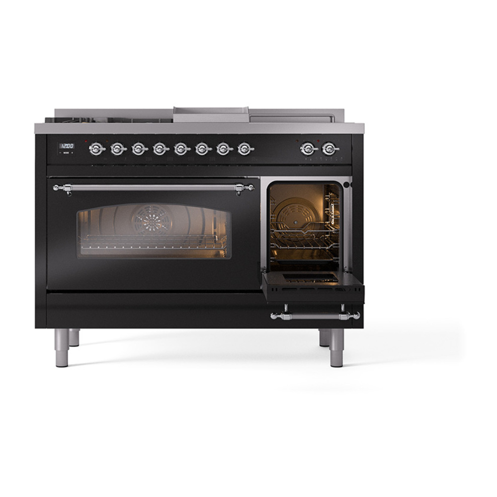 ILVE_UP48FSNMPBKCLP_Nostalgie_II_48"_Dual_Fuel_Range_side_oven_door_opened