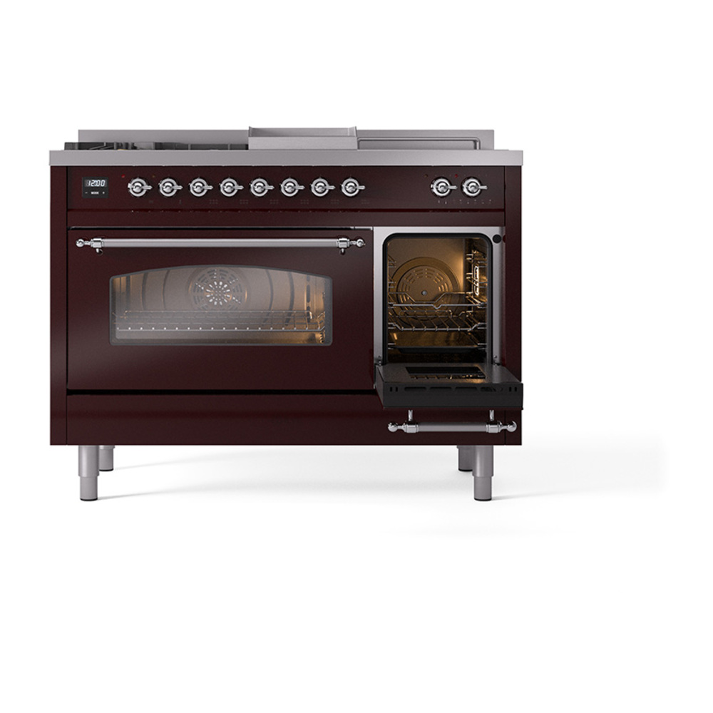 ILVE_UP48FSNMPBUCLP_Nostalgie_II_48"_Dual_Fuel_Range_side_oven_door_opened