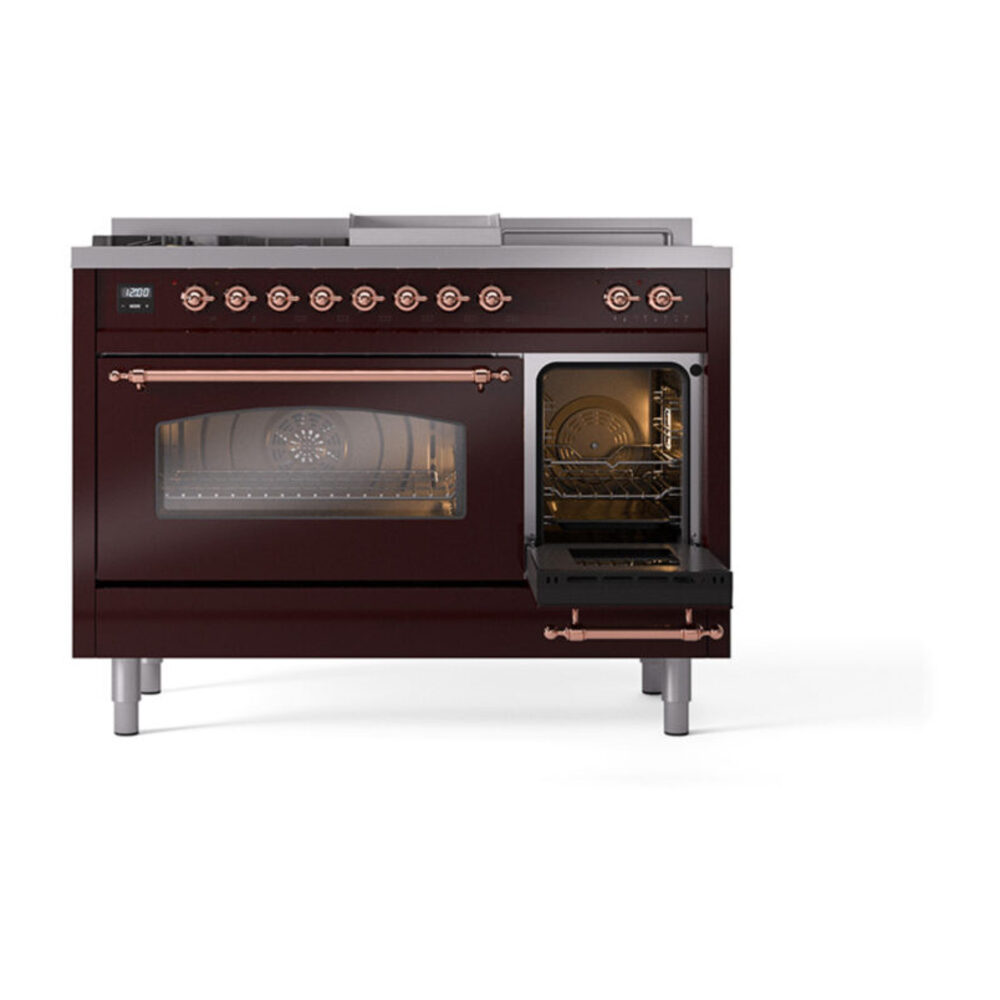 ILVE_UP48FSNMPBUPLP_Nostalgie_II_48"_Dual_Fuel_Range_side_oven_door_opened