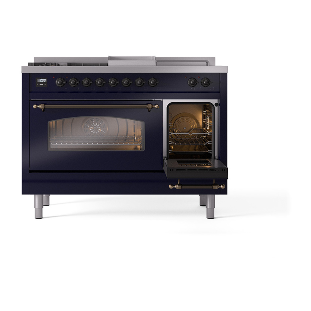 ILVE_UP48FSNMPMBBLP_Nostalgie_II_48"_Dual_Fuel_Range_side_oven_door_opened