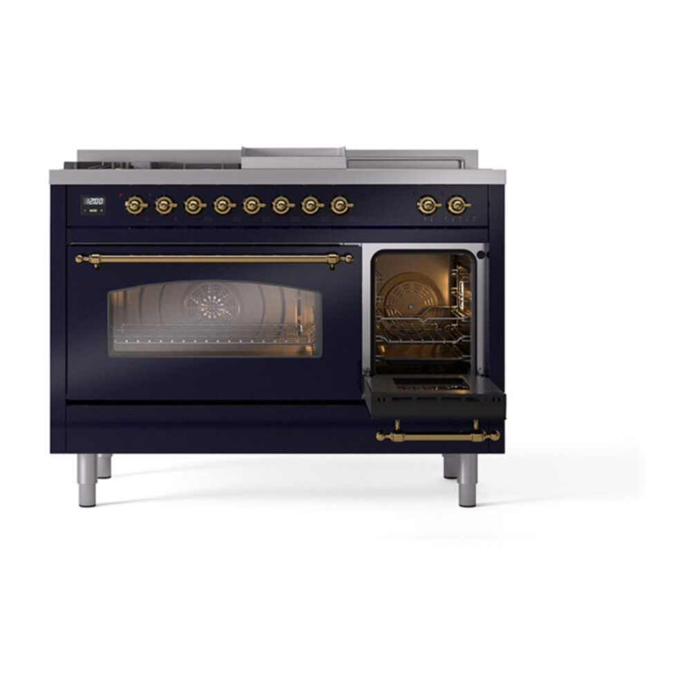 ILVE_UP48FSNMPMBGLP_Nostalgie_II_48"_Dual_Fuel_Range_side_oven_door_opened