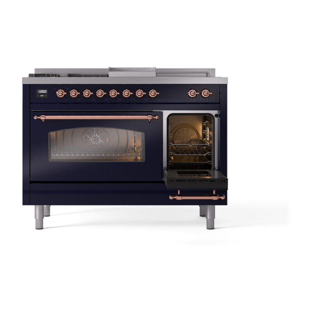 ILVE_UP48FSNMPMBPLP_Nostalgie_II_48"_Dual_Fuel_Range_side_oven_door_opened