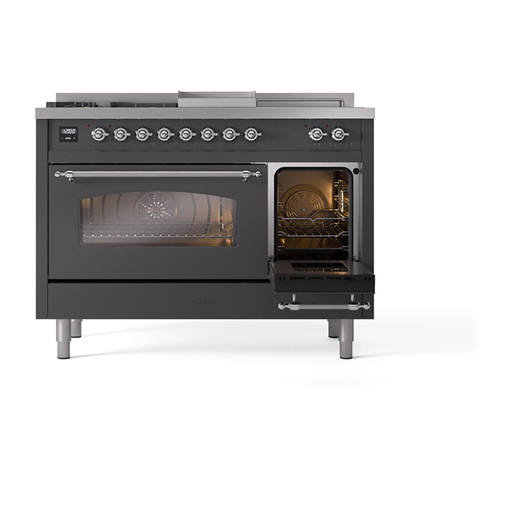 ILVE_UP48FSNMPMGCLP_Nostalgie_II_48"_Dual_Fuel_Range_side_oven_door_opened