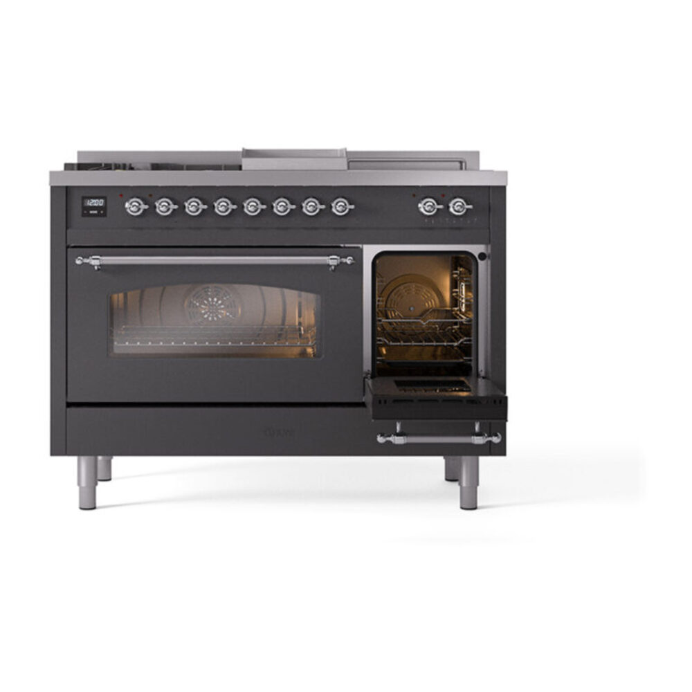 ILVE_UP48FSNMPMGC_Nostalgie_II_48"_Dual_Fuel_Range_side_oven_door_opened