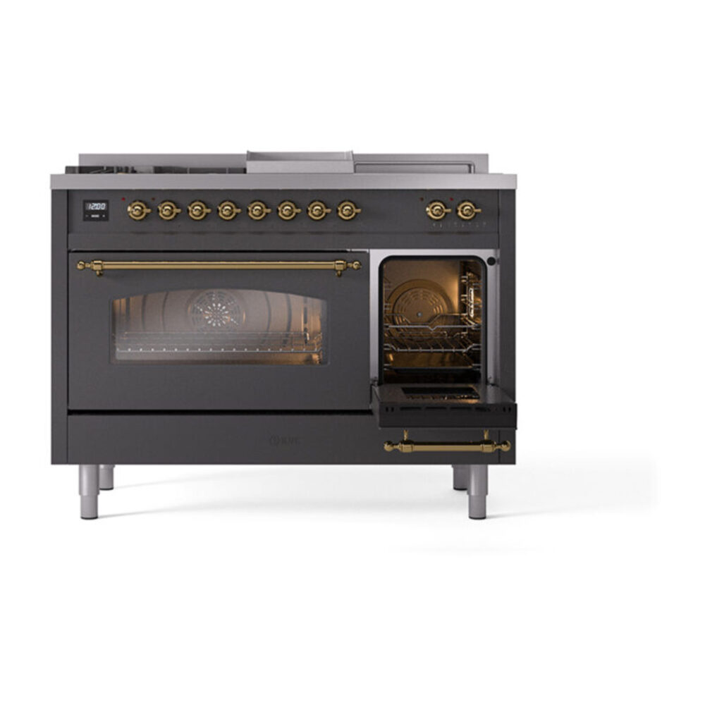ILVE_UP48FSNMPMGGLP_Nostalgie_II_48"_Dual_Fuel_Range_side_oven_door_opened