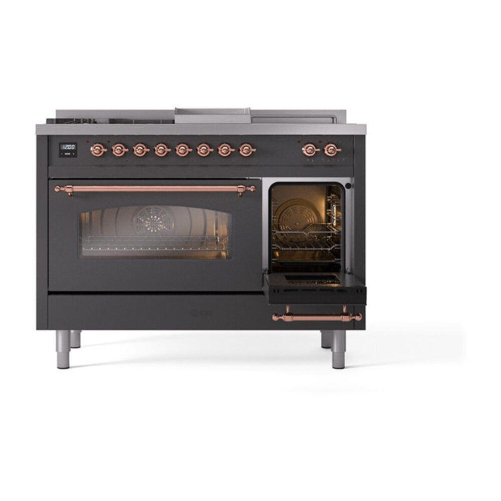 ILVE_UP48FSNMPMGPLP_Nostalgie_II_48"_Dual_Fuel_Range_side_oven_door_opened