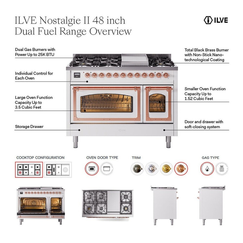 ILVE UP48FSNMPMMC Nostalgie II 48 inch Dual Fuel Range with 5.02 cu. ft. Total Double Oven Capacity (5 Sealed Burners + Griddle + French Top, Natural Gas, Triple Glass Door, Mediterranean Mint, Chrome) 2 ILVE UP48F Nostalgie II 48 inch Dual Fuel Range with 5.02 cu. ft. Total Double Oven Capacity