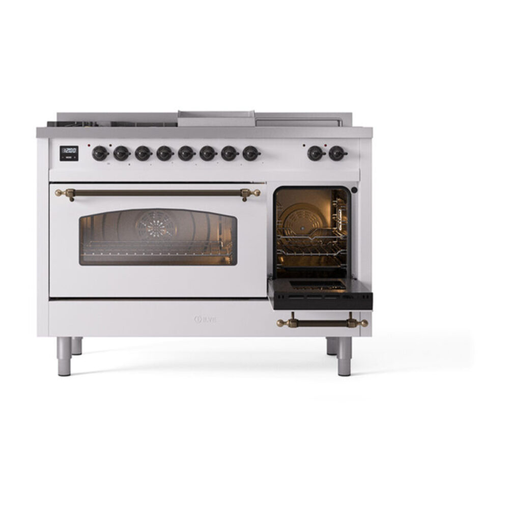 ILVE_UP48FSNMPWHBLP_Nostalgie_II_48"_Dual_Fuel_Range_side_oven_door_opened