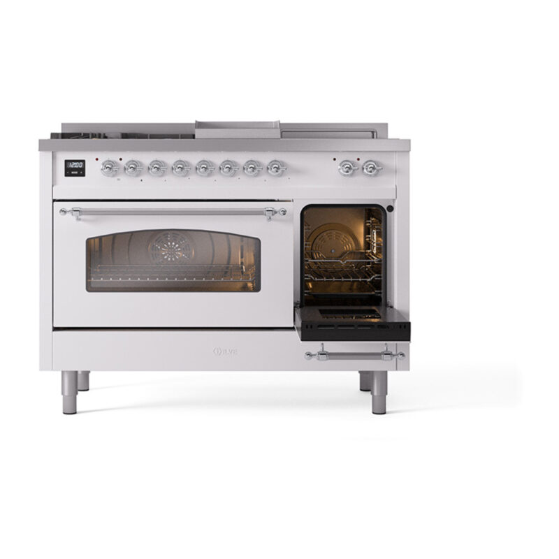 ILVE_UP48FSNMPWHCLP_Nostalgie_II_48"_Dual_Fuel_Range_side_oven_door_opened