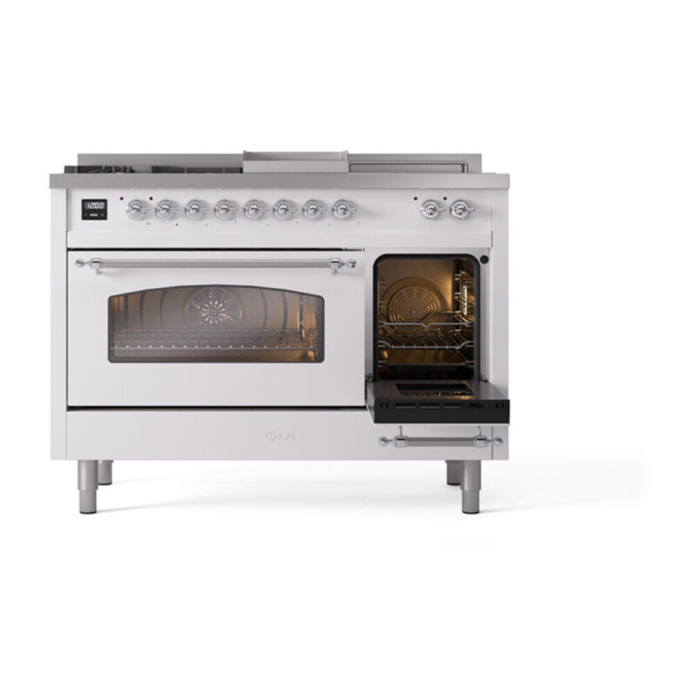 ILVE_UP48FSNMPWHC_Nostalgie_II_48"_Dual_Fuel_Range_side_oven_door_opened