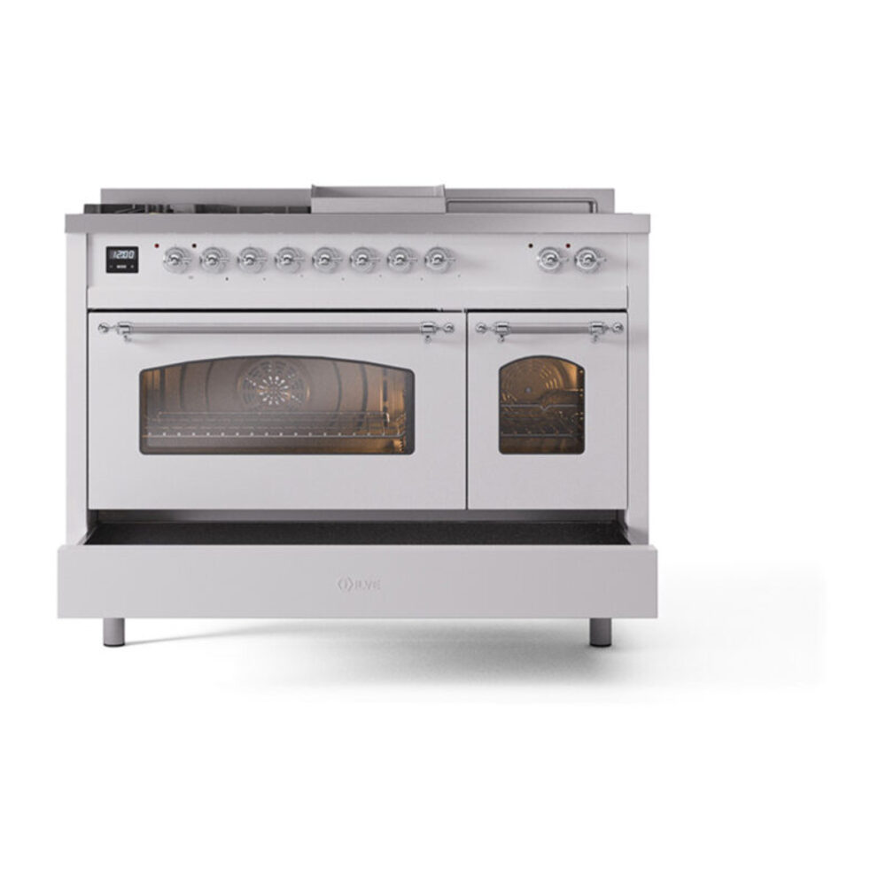 ILVE_UP48FSNMPWHC_Nostalgie_II_48"_Dual_Fuel_Range_drawer_opened