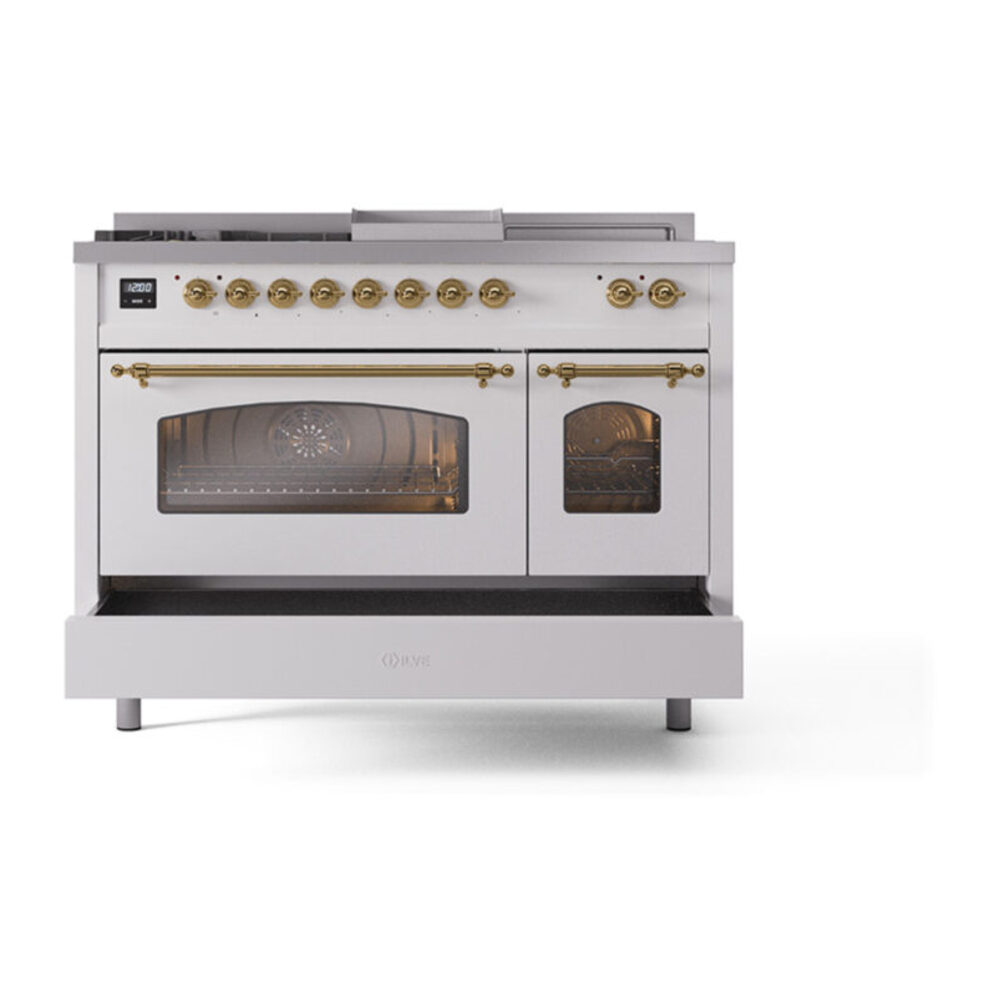 ILVE_UP48FSNMPWHGLP_Nostalgie_II_48"_Dual_Fuel_Range_drawer_opened